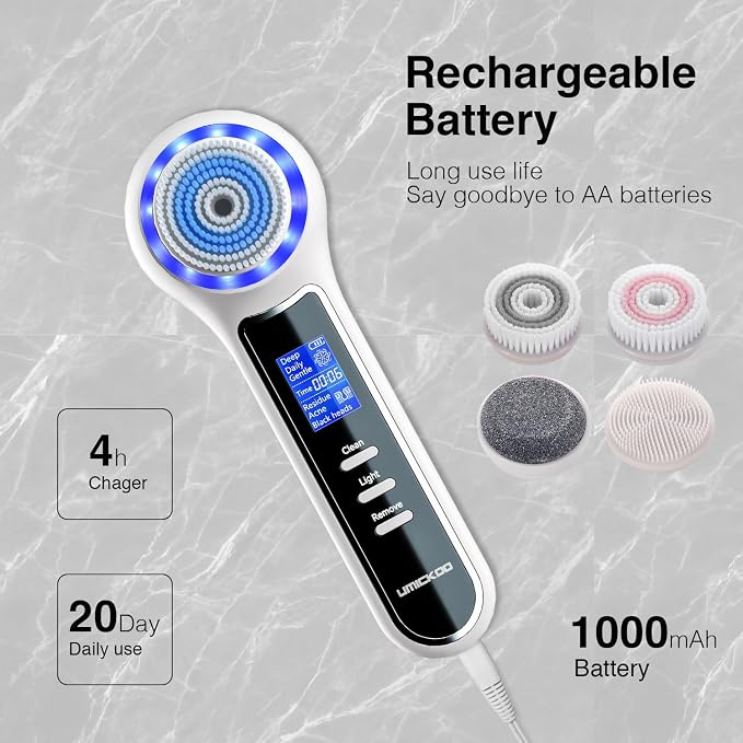 UMICKOO 3 in 1 Facial Cleansing Brush & Blackhead Remover, Rechargeable Face Scrubber with LCD Screen, IPX7 Waterproof, Deep Pore Cleaning, Exfoliating & Massaging for All Skin Types