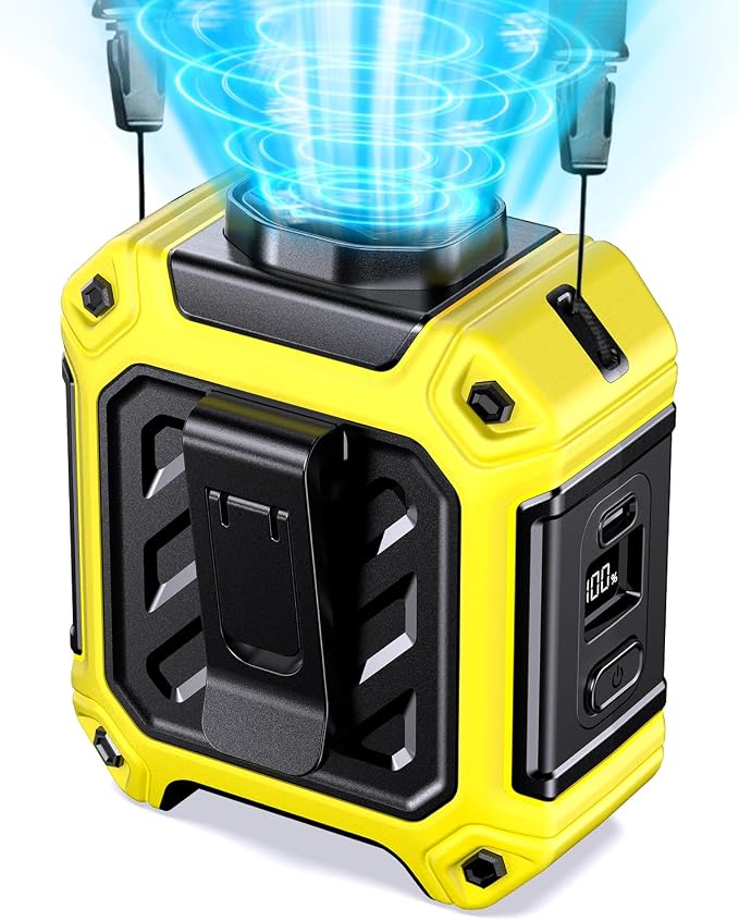 2025 AI Portable Waist Fan 10000 mAh Rechargeable with LED Display & 40H Runtime,5 Speed 16000RPM Cooling Personal Clip Fan,35ft/s Wind Speed Neck Fan for Outdoor Work,Jobsite,Camping,Yellow
