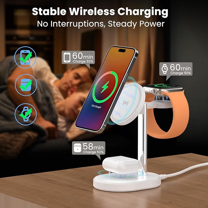 3 in 1 Wireless Charging Station,Detachable Apple Watch Charger & 15W Charger Stand for MagSafe for iPhone, Wireless Charger for Multiple Devices iPhone 16/15/14/13&Watch&AirPods（Yellow）