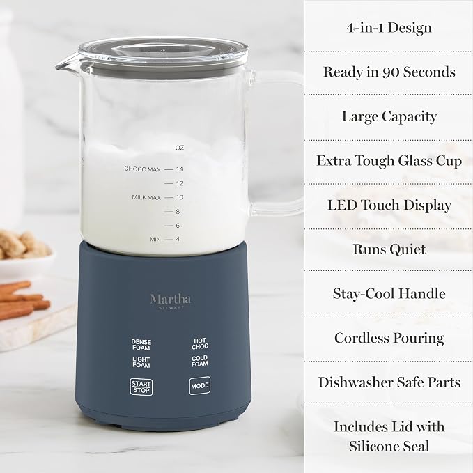 Martha Stewart Milk Frother and Steamer, 10oz/300ml Glass Cup, 4 Presets (Cold Foam, Light, Dense & Hot Chocolate), Ready in 90 Seconds, Cordless Pouring, One-Touch for Hot and Cold Milk, Indigo Blue