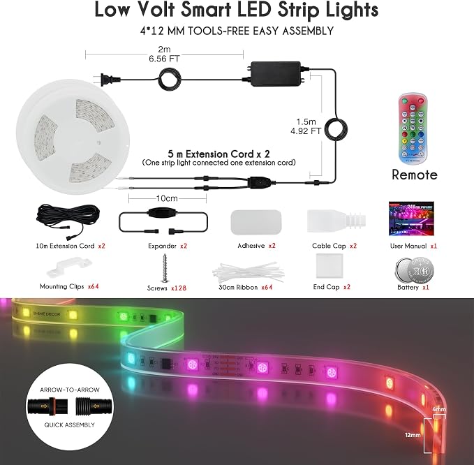 Shine Decor IP68 LED Strip Light 105 FT, DC 24V RGB+IC LED Strip Lights, Outdoor Rope Lights with Remote APP Control Music Sync, Color Chasing LED Lights Strip for Chrismas, Pool, Home Decor
