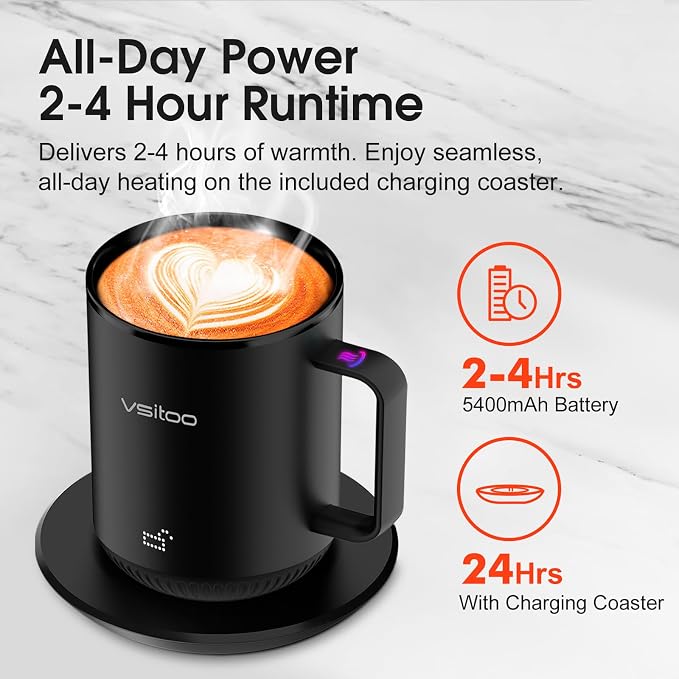Vsitoo S3 12oz Heated Espresso Mug, Smart Self Heating Coffee Mug for Espresso Lovers, AI Auto-Sensing Temperature Control 120-150℉, Rechargeable Mug Warmer, 316 SS IPX7, Gift for Women Men, Black