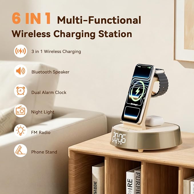 6 in 1 Wireless Charging Station with Alarm Clock, Bluetooth Speaker, FM Radio, Night Light for Bedroom Office, Wireless Charger Dock Station for iPhone 17 16 15 14 13 12 Pro Max,Apple Watch, AirPods