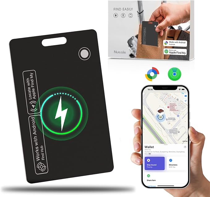 Thin Wallet Tracker Card, Find My or Google'S Find Hub App, Dual System Both iOS and Android Tracker Card, Item Finder for Luggage Passports, Phone,IP68 (1-Black)
