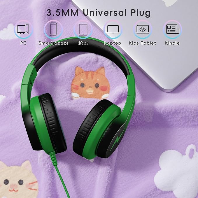 Candy Bila Kids Headphones, Wired Headphones for Kids Over Ear with Microphone, Foldable Headphone for Learning & Entertainment, Black and Green
