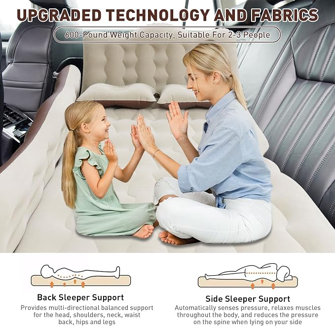 Car Bed SUV Air Mattress, Car Air Mattress with Electric Pump, 2 Inflatable Pillows and 2 Footrests for Back Seat, Side Seat,Trunk Sleeping, Thickened Camping Bed - Brown