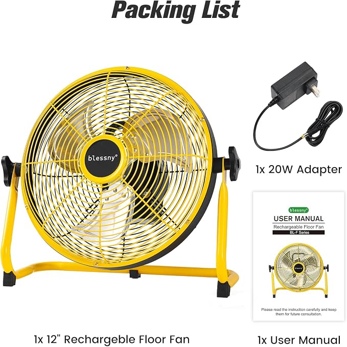 blessny 12'' Portable Rechargeable Floor Fan for Home Patio Camping Gym RV Greenhouse, Max 60 Hours Long Running Time