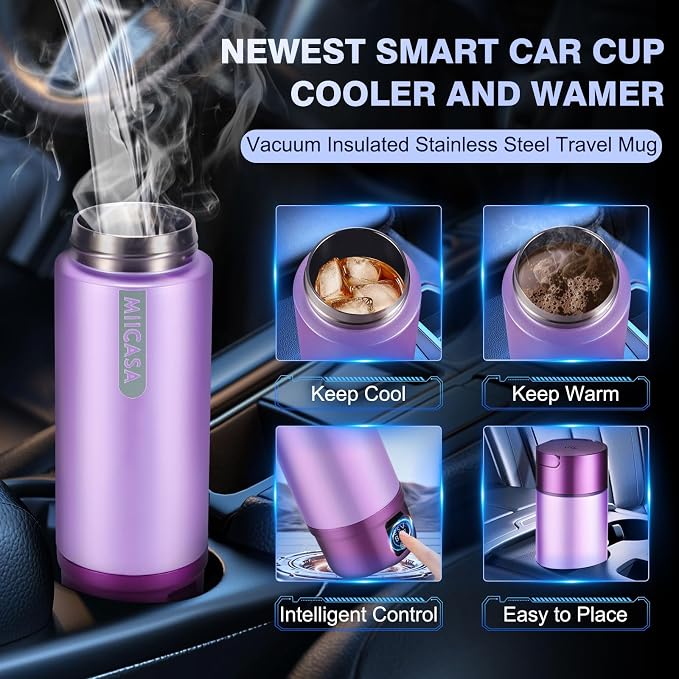 Vacuum Insulated Car Electric Kettle, Miicasa Stainless Steel Tumbler Car Water Heater,12V/24V Water Boiler with 6 Temperature and Auto Shut-Off Boil Dry,16oz