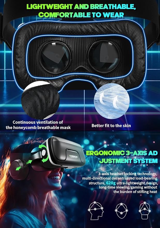 VR Headset with Built‑in Headphones – 120° FOV Aspherical Lenses for 3D Movies & Games (Smartphone Compatible)