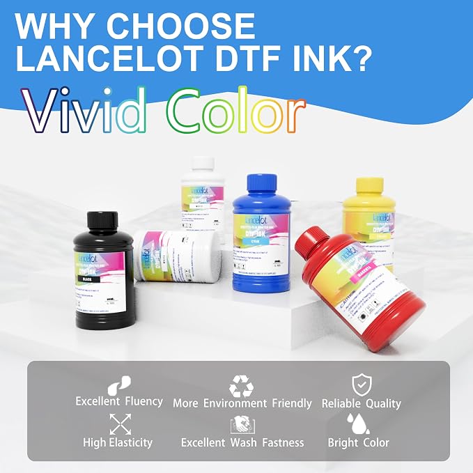 Lancelot DTF Ink 250ml×6 (CMYK+2W) - Vibrant Durable Anti-Clog PET Film Transfer Ink, Compatible with Pro Printers Featuring ET-8550/XP-15000/L1800/L805/R1390/R2400 Printheads.