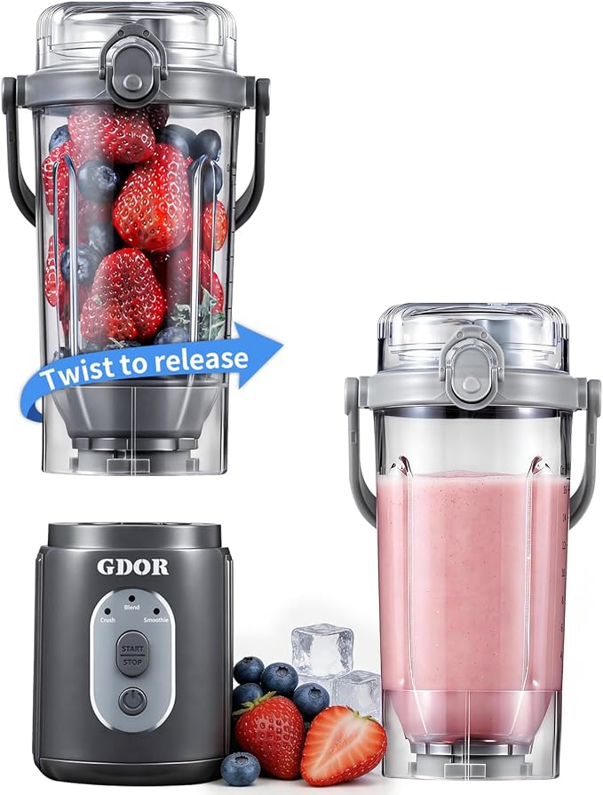 GDOR Portable Smoothie Blender, Twist & Go, Mini Blender Shakes and Smoothies,3 Auto Programs, Ice Crush,2x23 oz, Cordless, Dishwasher Safe, BPA-Free