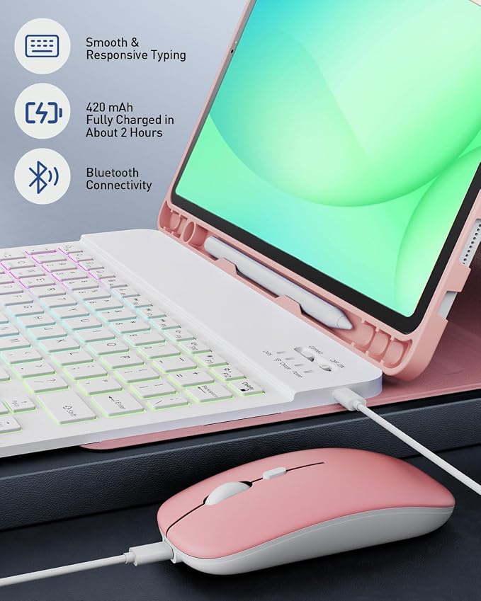 Keyboard Case for Samsung Galaxy Tab A11 Plus 11 Inch 2025 / A9+ Plus 2023 Tablet, Detachable Rainbow Backlit Wireless Keyboard and Mouse, Slim Stand Cover with S Pen Holder (Pink)