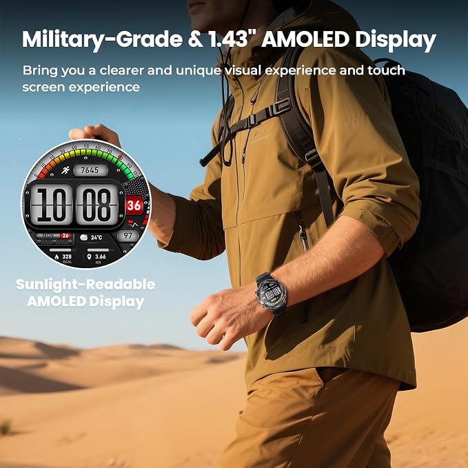 WalkerFit Outdoor Smart Watch for Men, 1.43" AMOLED Black Silicone Band, 5ATM Waterproof for Hiking Climbing Trail Run Swim, 170+ Sports, Compass Heart Rate SpO2, Adventure Watch for iPhone Android