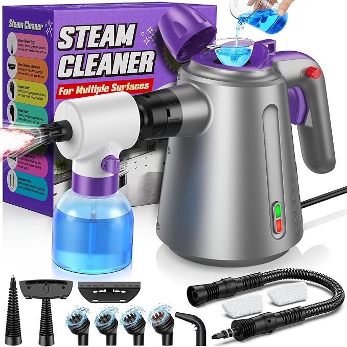 Handheld Steam Cleaner for Home, Pressurized Multi Purpose Steamer for Cleaning Upholstery Bed Furniture Couch Carpet Car with 14 Accessories & Safety Lock, Small Container for Grease