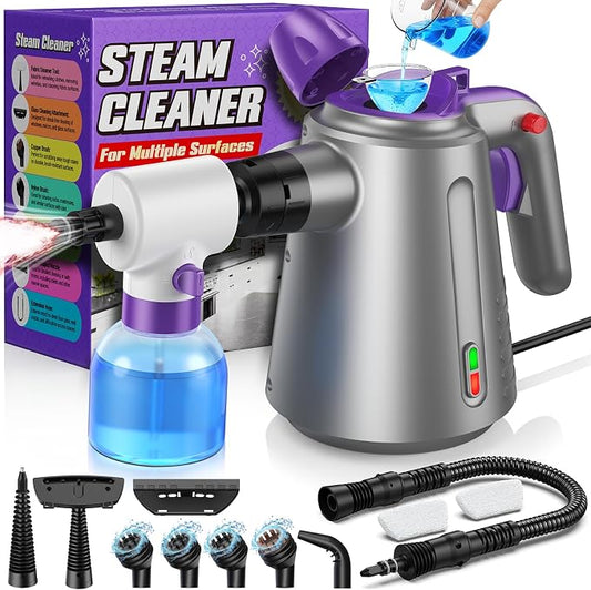 Handheld Steam Cleaner for Home, Pressurized Multi Purpose Steamer for Cleaning Upholstery Bed Furniture Couch Carpet Car with 14 Accessories & Safety Lock, Small Container for Grease