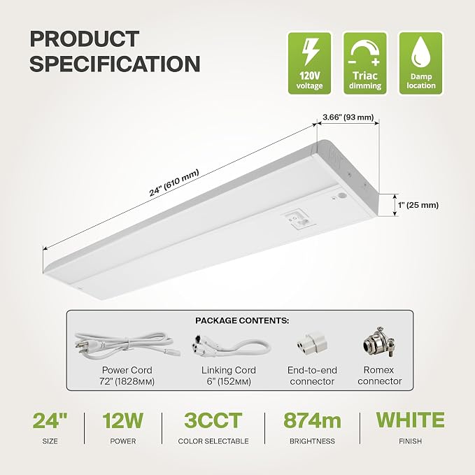 ASD LED Under Cabinet Lighting Plug in or Hardwired 24 Inch, Dimmable Under Cabinet Lights with High/Low/Off Switch, 3CCT 2700K-4000K, Linkable Under Counter Lights for Kitchen, ETL Listed, White