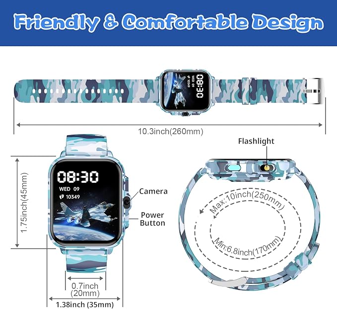 Smart Watch for Kids Boys Age 5-12, Ai Functions Games HD Touch Screen Watches with Video Camera Music Player Pedometer Heart Rate Sleep Tracker Christmas Birthday Gifts for Boys (Camouflage, 1.85")