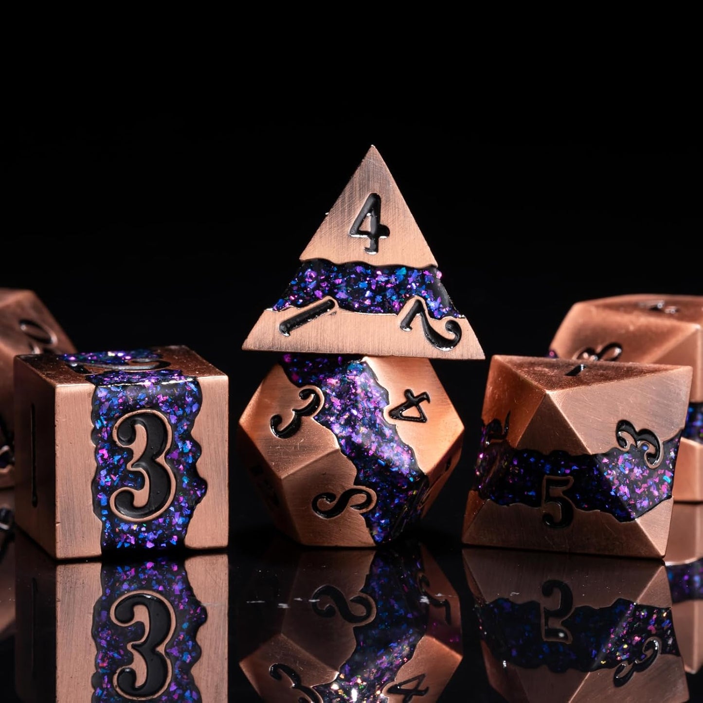 Polyhedral Metal Dice DND,RPG Purple Glitter Stripe Dice Set,Antique Copper Metal Dice Set for Role Playing Games