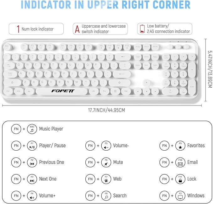 Wireless Keyboard and Mouse | Cute Colorful Keyboard and Mouse with 2.4GHz Cordless Retro Typewriter Keyboard | Auto-Sleep | USB Receiver for Windows PC/Laptop - White