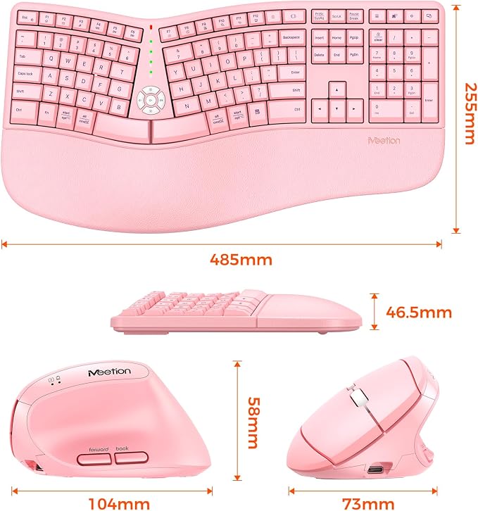 MEETION Ergonomic Keyboard and Mouse Combo, 2.4G Cordless Split Keyboard with Cushioned Palm Rest, Vertical Wireless Mouse, Natural Typing Full Size Keyboard, for Windows/Mac Pink
