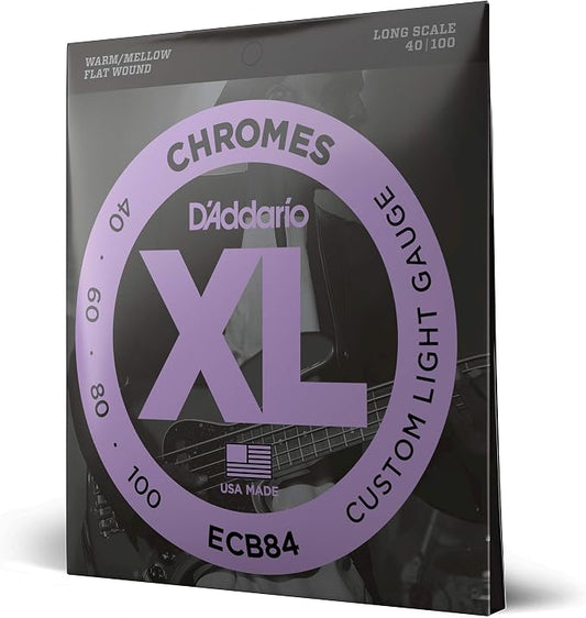 D'Addario XL Chromes Flat Wound Bass Guitar Strings - ECB84 - Long Scale - Custom Light, 40-100