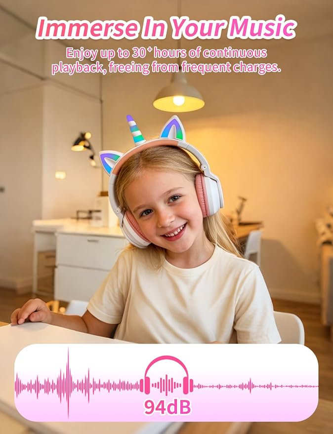 Upgrade Unicorn Headphones for Girls, Kids Bluetooth Wireless Headphones with 7 Colour Flash Light, 93dB Volume Limited, for Toddlers Tablet/iPad/Amazon Fire, Birthday Gifts, (White Pink)