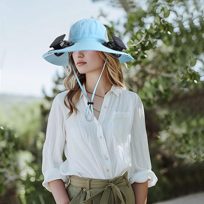 Outdoor Solar Powered Fan Hat for Men Women Breathable Wide Brim Hat with 2 Fans UPF 50+ Fishing Hat Beach Bucket Sun Hat