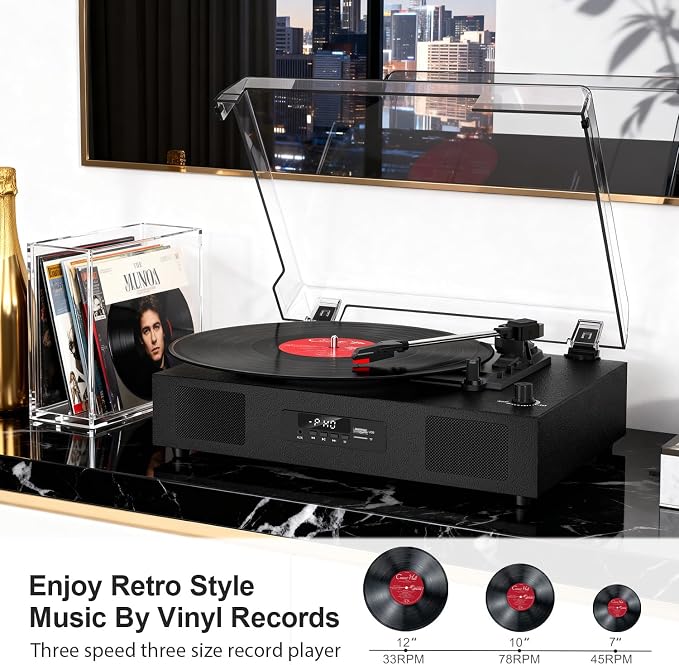 Vinyl Record Player with Built-in Stereo Speakers, Vinyl to USB Recording, Belt Drive 3 Speeds Turntables for Vinyl Records Support Bluetooth Input AUX RCA Output, Black