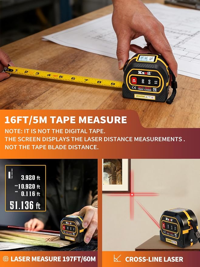4-in-1 Tape Measure 196ft Laser Tape Measure 16ft Manual Tape with Fractional Readouts, Laser Measuring Tool with Backlit LCD, Magnetic Hook & Base - Area/Volume, for Woodworking & DIY