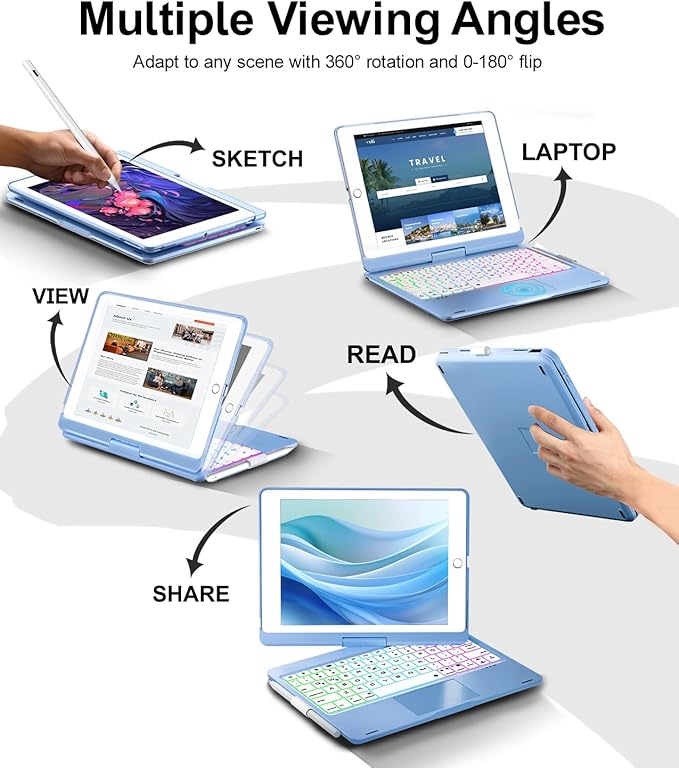Baisla iPad 9th Generation Case with Keyboard 10.2" (2021), 360° Rotatable with Trackpad & Rainbow Backlit, iPad Keyboard case for 9th/8th/7th, iPad Air 3, iPad Pro 10.5 (Sky Blue)