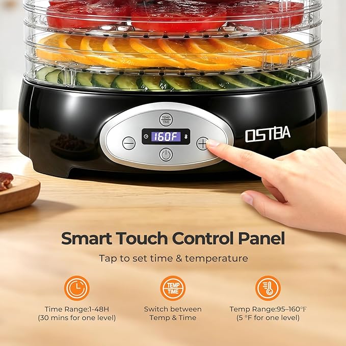 OSTBA Food Dehydrator, 5 BPA-Free 12.2" Trays, Adjustable Temp 95–160℉, 48H Timer, 420W Food Dryer for Fruits, Veggies, Jerky, Herbs, Home Use, BPA-Free