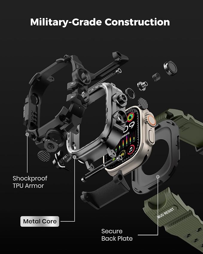 amBand Rugged Case with Band for Apple Watch Ultra 3/2/1 49mm, M3 Military Grade Shockproof Cover, Includes Screen Protector Kit, Tactical Band for Men - Compatible with iWatch Ultra, Army Green