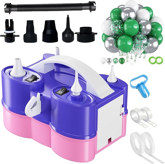 3-in-1 Electric Balloon Pump with Green and White Balloons, 3-in-1 Electric Balloon Pump, Portable Electric Air Pump for All Balloons Inflatables Dual Nozzle Balloon Blower Machine