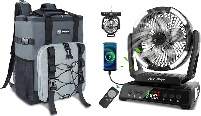 Camping Fan + Cooler Backpack, 20000mAh Rechargeable Tent Fan with Remote 9 Wind Modes, Gray 24 Cans Insulated Backpack Cooler for Beach Picnic