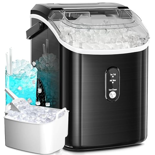 Antarctic Star Nugget Ice Maker Countertop, Chewable Pellet Ice Machine with Self Cleaning Function, Pebble Portable Ice Maker with Ice Scoop for Home Kitchen Office (Black)