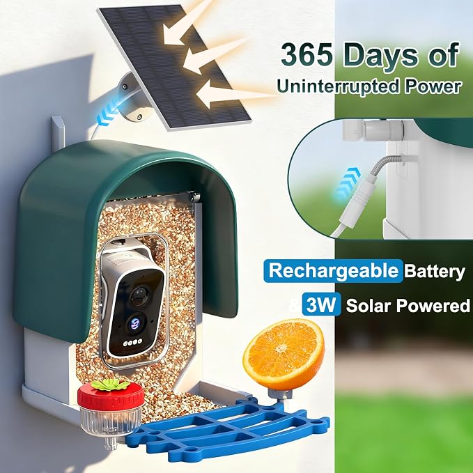 Smart Bird Feeder with Camera Solar Powered, Green | AI Bird Identification for 10000+ Species, 4K HD Live Video & Instant Alerts, 2.4GHz WiFi, IPX7 Waterproof