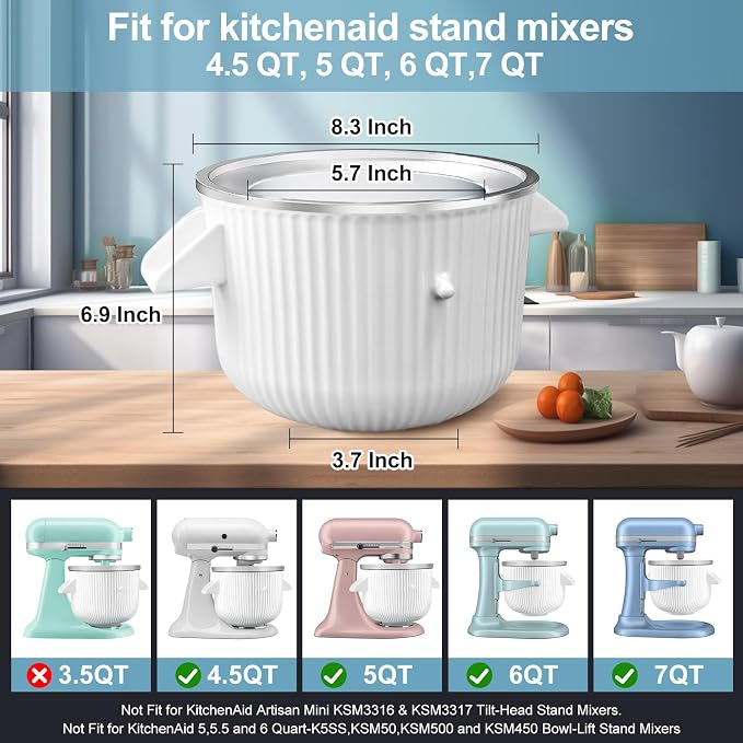 Ice Cream Maker & Shaved Ice Attachment for Kitchen aid Mixer, Kitchenaid Accessories Set Includes Shaved Ice Machine with 8 Ice Molds and Ice Cream Gelato Maker for 4.5 Qt & Larger Stand Mixers
