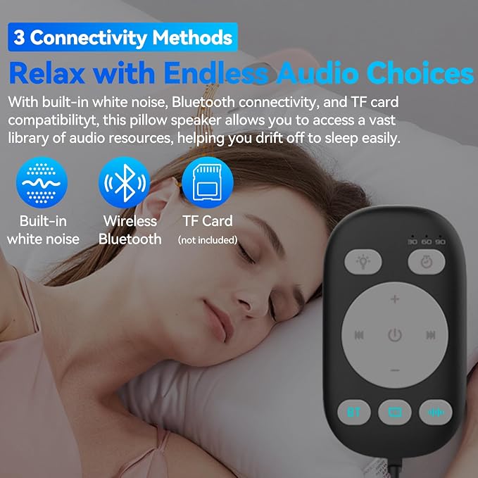 Pillow Speaker with Remote for Sleeping - Bone Conduction Speaker with 36 Built-in White Noise, Silent Bluetooth Speakers Under Pillow, Portable Sleep Bar (Without TF Card, Black)