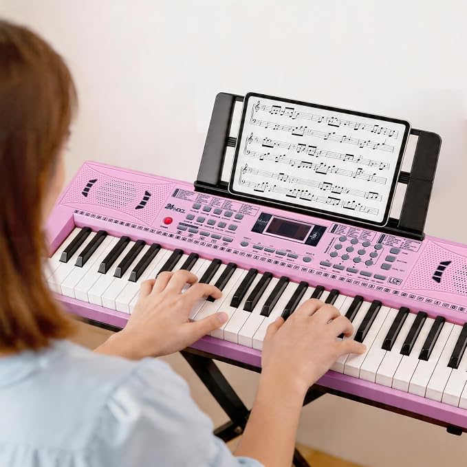 61 Key Keyboard Piano, Digital Kids Piano Keyboard with Stand, Gift for Early Education Children, Pink