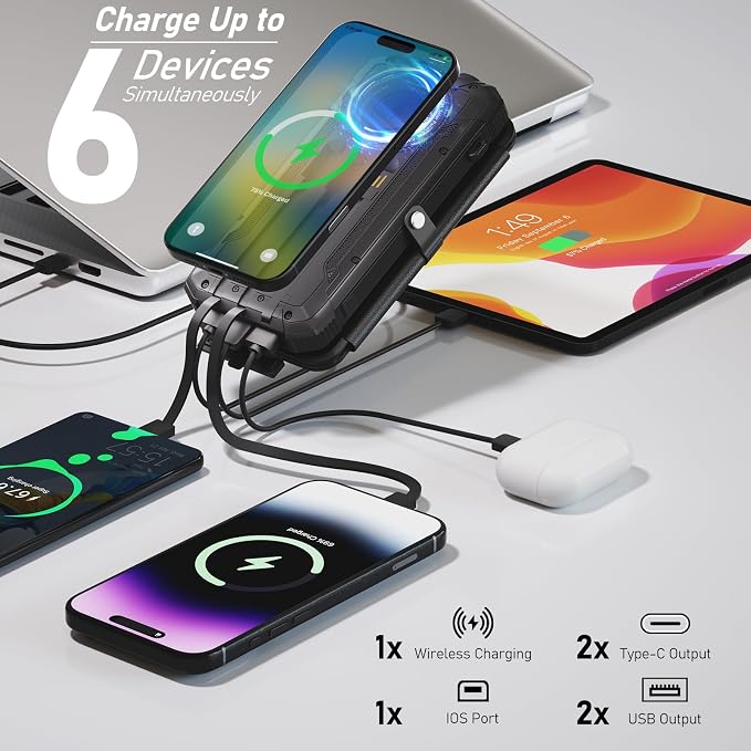 Solar Power Bank 49800mAh 22.5W QC3.0 Fast Charging Built in 4 Cables andNymzixt Solar Power Bank 20000mAh Portable Charger Built-in 3 Cables and Wireless Charging