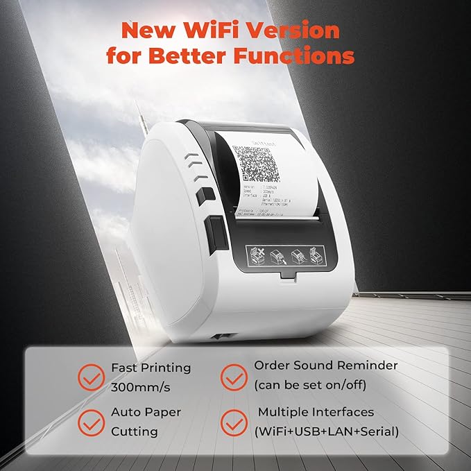 MUNBYN WiFi Thermal Receipt Printer with USB/LAN/RS232 Port, 80mm POS Printer Works with Square Windows Mac Chromebook Linux Cash Drawer, White