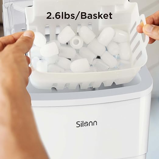 Silonn Ice Makers Countertop, 9 Cubes Ready in 6 Mins, Self-Cleaning Ice Machine with Ice Scoop and Basket, 26lbs in 24Hrs, 2 Sizes of Bullet Ice for Home Kitchen Office Bar Party, White