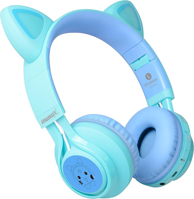 Riwbox Kids Headphones, CT-7S Cat Ear Bluetooth Headphones with LED Light, 85dB Volume Limiting, Over Ear with Microphone for Laptop/PC/TV (Blue & Green)