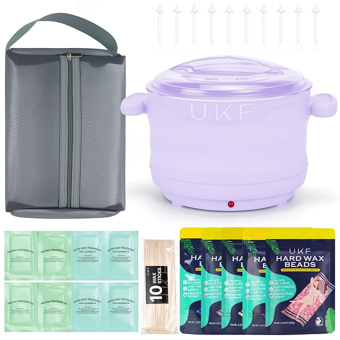 UKF Home Waxing Kit with Hard Wax Beans Complete Hair Removal System with Electric Wax Warmer, Nose & Body Applicators, Pre & Post Care Wipes Gentle Root Level Depilatory for Full Body，Purple