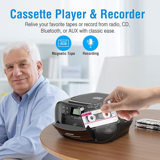 MEGATEK CBR510 Portable CD/Cassette Player Boombox with Bluetooth, AM/FM Radio, USB Playback, AUX Input, Headphone Jack, LCD Display, AC/Battery Powered Stereo System for Home
