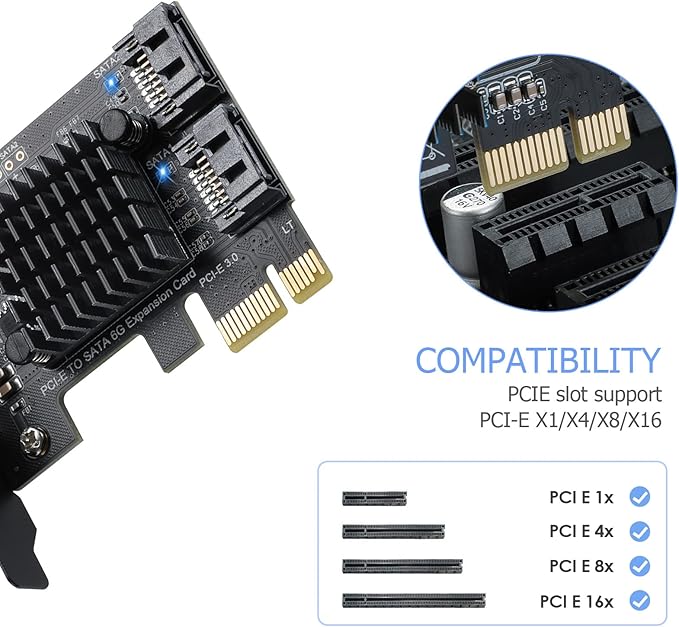 PCI-E X1 to SATA 3.0 Controller Card, 2-Port SATA III 6Gbps Expansion Cards, Supports PCI-Express (1X 4X 8X 16X) Slot, Support SSD and HDD, for Windows10/7/8/XP/Vista/linux
