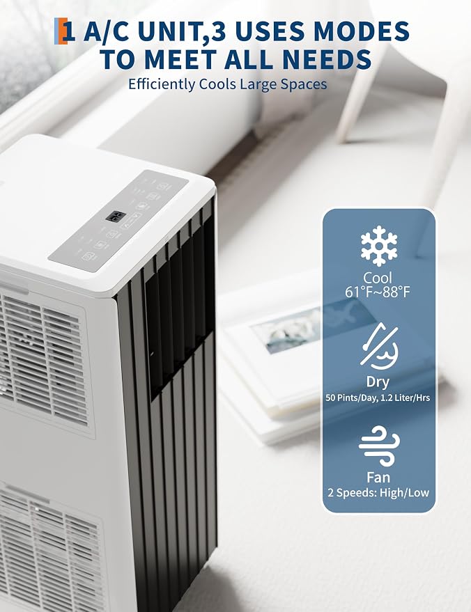 Garvee 8000 BTU Portable Air Conditioner, 3-in-1 Portable AC Cooling, Dehumidifying & Fan for Bedroom, Apartment, Dorm & Rooms Up to 350 Sq. Ft, Sleep Mode, 24-Hr Timer, Remote, Window Kit, Black