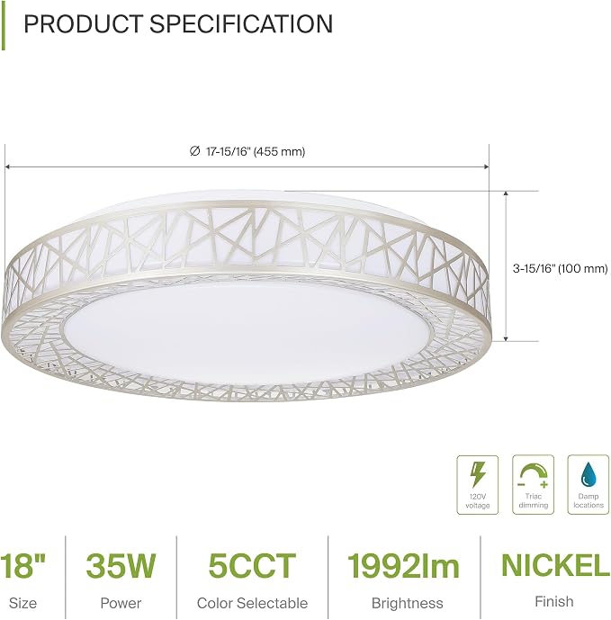 ASD 18 Inch LED Flush Mount Ceiling Light Fixture for Bedroom, 35W 1992LM 5CCT 2700K-5000K, Triac Dimmable Lights, Dining, Living Room, Kitchen Lamps, Modern Home Lighting Fixtures, Nickel, ETL