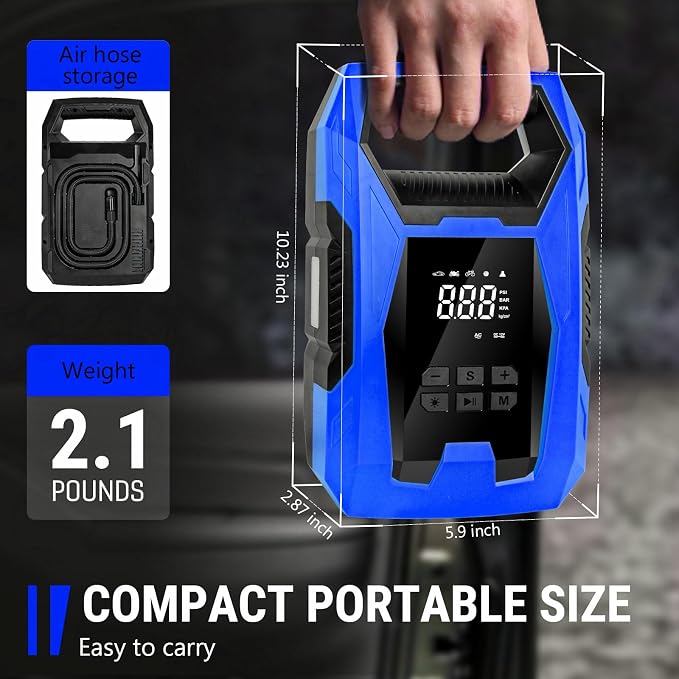 CARSUN AC/DC Tire Inflator Portable Air Compressor, Dual Power for Home 110V AC and Car 12V DC Air Pump with Pressure Gauge, Auto Shutoff, Tire Pump for Car Motorcycle Bike and Other Inflatables, Blue