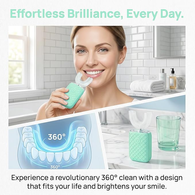 Sonic Electric U Shaped Toothbrush for Adults, Automatic Full Mouth Cleaning Toothbrush, 360° Stain Removal, IPX7 Waterproof Rechargeable, 3 U-Shape & 2 Straight Brush Heads (Green-Cup)